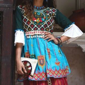 Mesmora Green And Blue color Khadi Cotton Festive Tunic Blouse Size XL